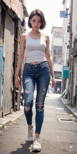 low quality old photo, filipina 1girl as dirty beggar, 170cm height, wearing wornout silk tanktop, front facing, walking towards viewer, backstreet slums as background, fierce look, low angle, no makeup, barefaced, freckles, bobcut black hair, wearing old cheap  sneakers, rugged faded denim pants, niji viking beauty style, frontlight 