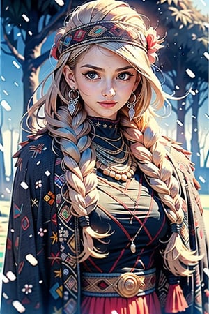 ((Enchanting)) forest scene, 1 girl, wearing attractive bard costume, flowing tunic with intricate embroidery, velvet cloak, scarf, wide belt with colorful ribbons and trinkets, leather boots. layered braid adorned with a glamorous scarf or headpiece, delicate, mysterious smile, wisdom and creativity, silver-white hair, short hair, straight line cut bangs, blunt bangs, extreme detailed, realistic, solo, beautifully detailed eyes, detailed fine nose, detailed fingers,(masterpiece, top quality, best quality, official art, beautiful and aesthetic:1.2),(1girl:1.4), portrait,,extreme detailed,(colorful:1.2),highest detailed,(aristocracy:1.3), landscape,DonMF41ryW1ng5
