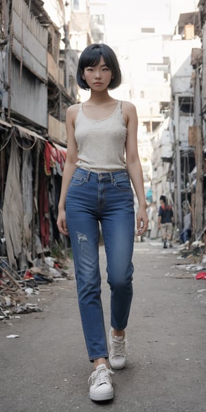 low quality old photo, Korean 1girl, 170cm height, wearing wornout silk tanktop, front facing, walking towards viewer, backstreet slums as background, fierce look, low angle, no makeup, barefaced, freckles, bobcut black hair, wearing old cheap  sneakers, rugged faded denim pants, niji viking beauty style, sunlight on face