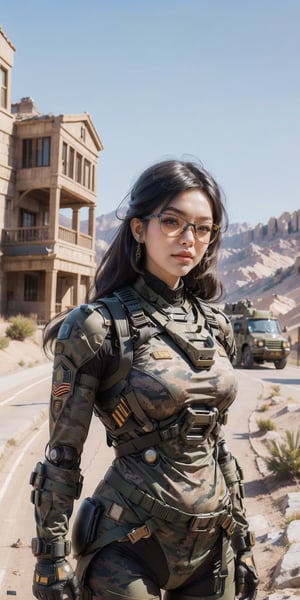More Details, Realism, Marines, muscular, strong body, female, camouflage uniform, looking at the camera. age 27, scenery in the desert, dynamic pose, military vibe, wearing power armor, hightech optic glasses 
