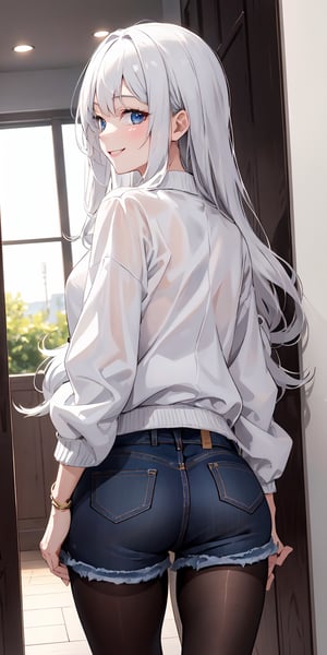 ultra detailed 8k cg, 1girl, girl with long flowing hair, wearing jean shorts, wearing a white blouse with a jacket, black pantyhose, back view, turning head backwards to face the camera, smiling, ((right hand hidden)), white hair