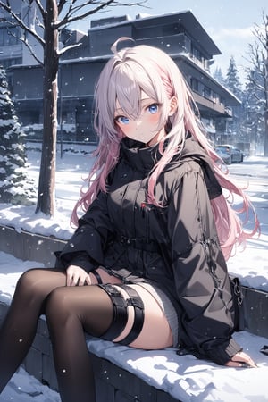 Extreme detailed, (masterful), 1girl, solo, long hair, looking at viewer, bangs, blue eyes, thighhighs, long sleeves, hair between eyes, sitting, closed mouth, jacket, pink hair, ahoge, white hair, outdoors, day, black thighhighs, bag, tree, black jacket, thigh strap, building, snow, snowing, winter