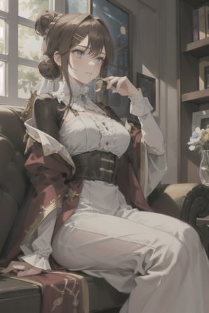 An imperial queen, a mature woman of 47, with brown hair in a bun, four golden hairpins, and a striking robe of lilac gold, sitting upright