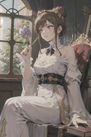 An imperial queen, a mature woman of 47, with brown hair in a bun, four golden hairpins, and a striking robe of lilac gold, sitting upright