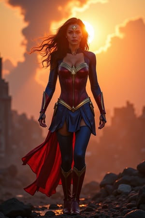 superwoman, cinematic, marvel, wallpaper, destroyed city, crater, sunset sky, dramatic lights, shadows contrasts