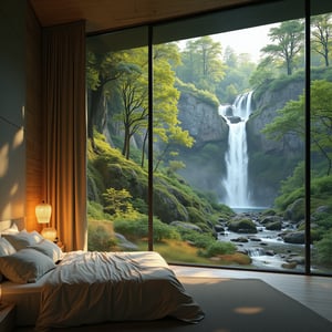 1 beauty girl lying in bedroom, interior bedroom with full glass window, waterfall scene outside