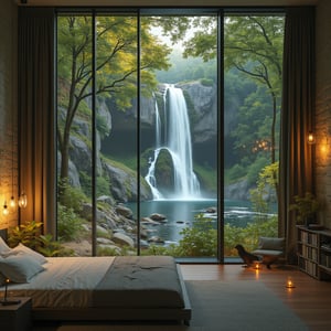 1 beauty girl lying in bedroom, interior bedroom with full glass window, waterfall scene outside