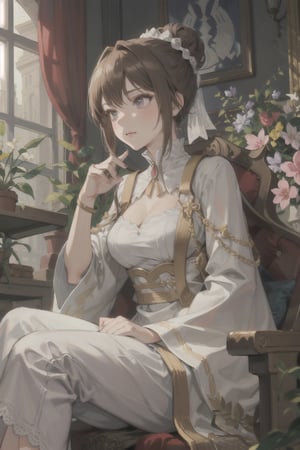 An imperial queen, a mature woman of 47, with brown hair in a bun, four golden hairpins, and a striking robe of lilac gold, sitting upright