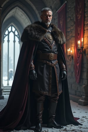 Portrait of an ohwx man as a noble from the world of *Game of Thrones*. He stands tall in a grand, dimly lit castle hall, his sharp features framed by the flickering light of torches mounted on cold, stone walls. Clad in a heavy, fur-lined cloak bearing the sigil of his house, he exudes an aura of authority and resolve. His piercing eyes survey the room with the practiced caution of someone who has survived many political intrigues. Behind him, long banners draped from the high ceilings sway gently, and through a nearby arched window, the distant roar of a dragon can be faintly heard, carried by the wind. Snow lightly dusts the battlements outside, hinting at the harsh winter gripping the land. This scene encapsulates the tension and power struggles of the Seven Kingdoms, with the nobleman standing as a figure of both strength and vigilance in a world where danger lurks at every turn.