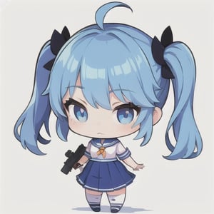 best quality, 1 girl,solo Cute girl with owl head.have a ready gun solo, chibi, full body, standing, white background,twin tail, blue hair, blue eye, ahoge, sailor uniform, 