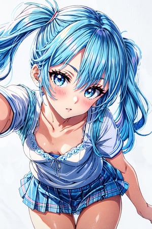 Masterpiece, highest quality, correct human anatomy, one girl, solo, looking at camera, student, small breasts, blue hair, blue eyes, twin tail, white blouse,  light blue skirt, simple background, white background, cowboy shot , hand behind, thigh gap, white panties,twin tail