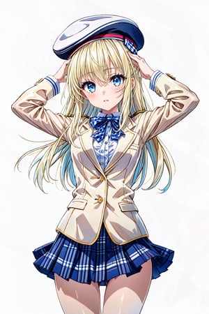 Masterpiece, highest quality, correct human anatomy, 1 girl, solo, looking at camera, student, small breasts, blonde, blue eyes, ((white beret)), navy blazer, white blouse, ((checkered skirt)), simple background, white background, Cowboy shot, arms raised, thigh gap, white panties, 