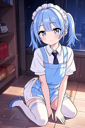 cute girl, maid uniform, maid apron, seiza, short of a person, cute, upturned eyes, twin tail, blue hair, blue eyes, from front, castle, anime style, masterpiece, extremely fine and beautiful, midjourney,