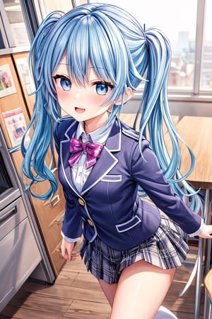 "Anime-inspired scenes, adorable girls, attractive high school girls, (kawaii style), playful chases, whimsical artwork, (seductive expressions), bright colors, upskirts, blue hair, blue eyes, black blazer, white blouse, plaid pleated skirt.''
BREAK, masterpiece, highest quality, cute illustrations,twin tail,blue hair, ((small bust))