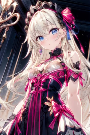 A girl leaned her hands against the fence, 1 younger cute girl, outline, Concept Art, extremely detailed wallpaper, dutch angle, View from below, depthoffield, shiny skin, slender waist, 1 girl, young girl, long hair blown up, gold hair.lace, extremely beautiful detailed anime face and eyes, light blush, Beautiful detailed gemological eyes, small breast, beautiful detailed blue eyes, Smooth and radiant skin, frilled dress, vary blue and red and orange and pink hard light, complex details, wallpaper, extremely detailed CG, masterpiece,glowing clothes
