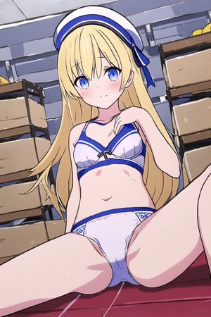 ((((masutepiece, Perfect human anatomy, Highest Quality)))), 1 girl, blondehair, long hair, Blue eyes, looking in camera, BREAK, (Hands on chest) speculate: 1.2), (Small breasts: 1.5), (Show me your breasts: 1.2), White bra, white panties, Sensational, red blush, BREAK, Rest, (Lying down), Spread legs, 鎖骨, From below, Flat bust, ((rather small breasts:1.5)), shinny skin, Textured skin, low angles, bloom, Gym storeroom, Background inside the gymnasium, White beret,1 girl