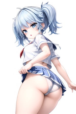 high_res, white background,, ,thick thighs, wide hips, ass pov, blue hair, twin tail, blue eye, white panties, White sailor suit with red ribbon, navy skirt,