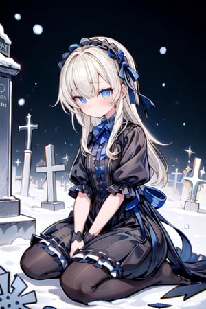 1 cute girl,snow gothic lolita,seiza,short of a person,cute,upturned eyes,gold hair,blue eyes,from front,night,cemetery,horror,punishment,sin,sorrow,illustration style,masterpiece, extremely fine and beautiful, midjourney, LINEART,1 girl