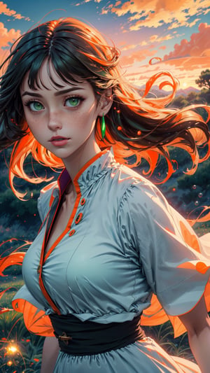 ((masterpiece)), (best quality), (cinematic), a woman in a long white dress, running through an open field, long hair, bangs, chubby, green eyes, freckles on her cheeks, wind, detailed face, detailed body, red and orange sky, glow, clouds, vegetation, green plains, floating bubbles, (cinematic, colorful), vast field, (extremely detailed), inspired by Studio Ghibli, EpicSky, cloud, sky, highly detailed, detailed face