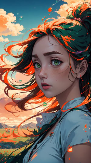 ((masterpiece)), (best quality), (cinematic), a woman in a long white dress, running through an open field, long hair, bangs, chubby, wide hips, green eyes, freckles on her cheeks, wind, detailed face, detailed body, red and orange sky, glow, clouds, vegetation, green plains, floating bubbles, (cinematic, colorful), vast field, (extremely detailed), inspired by Studio Ghibli, EpicSky, cloud, sky, highly detailed , detailed face