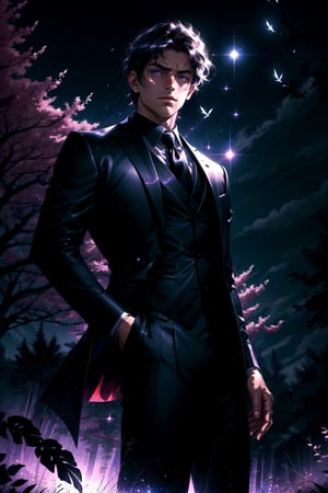 1 boy, serious look, night, mansion background with night trees, black suit with glitter, mix of fantasy and realism, ultra hd, hdr, 4k