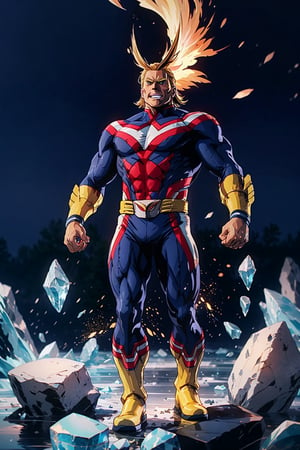 imagine All Might in real life, ultra hd, detailed body, detailed face, detailed eyes, full body, background with lights and floating stones, sparkles, fire, ice, hdr, allmight