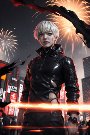 ((masterpiece, best quality)), Kaneki, Tokyo Ghoul, Ghoul, red iris, red left eye, black right eye, white eyebrows, angry, black clothes, metallic details, background of Tokyo Japan buildings, flashes of light, explosions, mix of fantastic and realistic elements, uhd image, vibrant artwork, kaneki ken