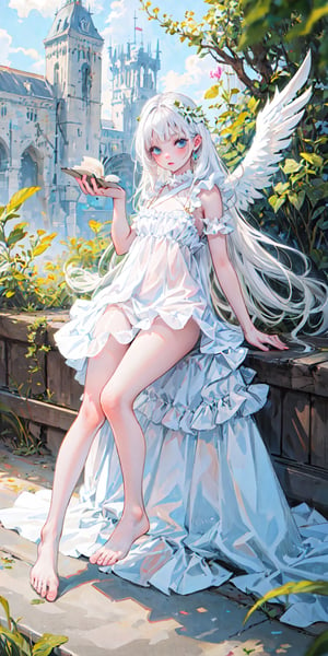 a little girl with white angel wings and white hair, flying, cute, realistic shine, long white dress, barefoot, super detailed image, perfect face, mix of fantasy and realism, hdr, ultra high definition, 4k, 8k