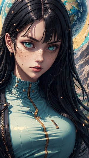 (4k), (masterpiece), (best quality), (extremely complex), (realistic), (sharp focus), (cinematic lighting), (extremely detailed), (epic), A close-up portrait of a woman chubby, serious look, deep look, incredibly detailed hand, long black hair, bangs, mint green eyes, freckles on face, white shirt with jacket on top, black jeans, curvy body, full body, detailed face, perfect eyes, Detailed hands, Mix of fantasy and realism. elements, vibrant manga, uhd image, vibrant illustrations, the background is planet earth