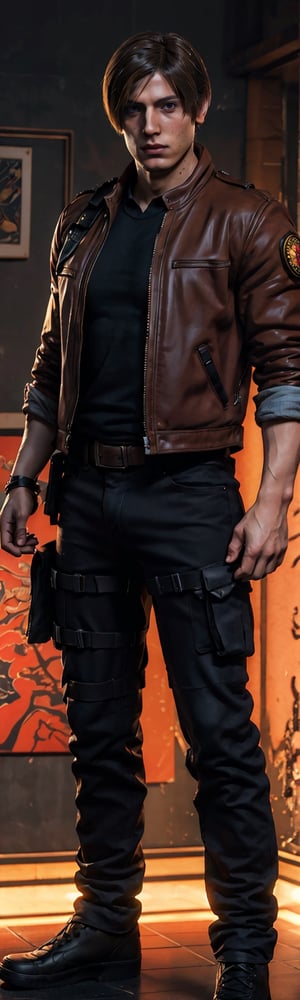 ((masterpiece, best quality)), Leon S. Kennedy, Leon Kennedy, full body, highly detailed face, uhd image, vibrant illustrations, vibrant manga, mix of fantasy and realistic elements