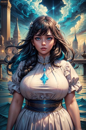 ((masterpiece)), (best quality), (cinematic), a chubby woman in a long white dress, close-up, inside the water, wide hips, long black hair, bangs, chubby, small breasts, light green eyes , freckles on cheeks, wind, detailed face, detailed body, dark gray sky, glow, clouds, city lights, floating bubbles (cinematic, colorful), (extremely detailed), clouds, highly detailed face