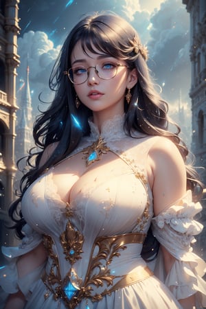 ((masterpiece)), (best quality), (cinematic), a chubby woman in a long white dress, close-up, puddles of water, woman with glasses, wide hips, long black hair, bangs, chubby, wide hips , green eyes, freckles on cheeks, wind, detailed face, detailed body, dark gray sky, glow, clouds, city lights, floating bubbles (cinematic, colorful), (extremely detailed), clouds, highly detailed face
