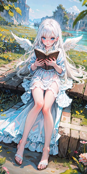 a little girl with white angel wings and white hair, flying with book in her hands, cute, realistic shine, long white dress, barefoot, super detailed image, perfect face, mix of fantasy and realism, hdr, ultra high definition, 4k , 8k