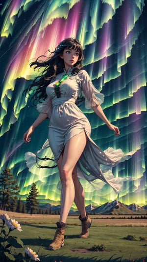 ((masterpiece)), (best quality), (cinematic), a woman in a long white dress, running through an open field, long black hair, bangs, chubby, wide hips, full body, green eyes, freckles on cheeks, wind, detailed face, detailed body, night, auroras in the sky, glow, landscape, vegetation, green plains, floating bubbles, (cinematic, colorful), vast field, (extremely detailed), EpicSky, cloud, sky, very detailed, detailed face