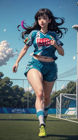 ((masterpiece)), (best quality), (cinematic), a chubby woman with an Argentina shirt, soccer shorts, running through a soccer field, long black hair, bangs, chubby, wide hips, full body, green eyes, freckles on cheeks, wind, detailed face, detailed body, floating particles, (colorful cinematic), (extremely detailed), inspired by Studio Ghibli, EpicSky, 4k, 8k, ultra hd, detailed