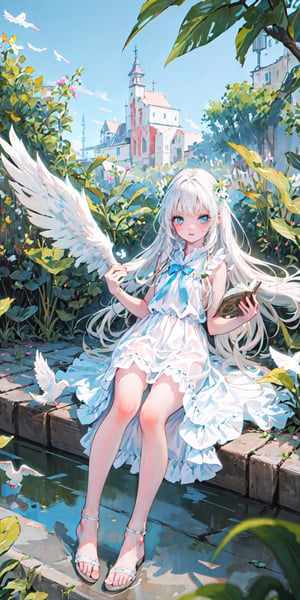 a little girl with white angel wings and long white hair, flying white doves, girl flying with book in her hands, cute, realistic shine, long white dress, barefoot, super detailed image, perfect face, mix of fantasy and realism, hdr , ultra high definition, 4k, 8k