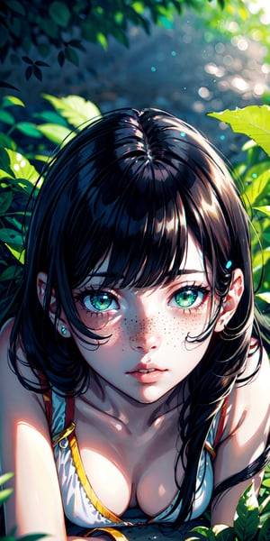 chubby girl, black hair, long hair with bangs, light green eyes, freckles on cheeks, deep look, lying on the ground under a tree, view from above, realistic shine, super detailed image, perfect face, fantasy mix and realism, hdr, ultra high definition, 4k, 8k,blurry_light_background