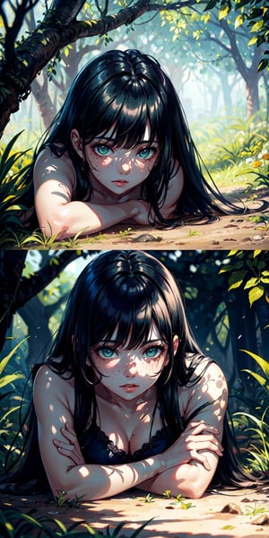 1 chubby girl, black hair, long hair with bangs, light green eyes, freckles on cheeks, deep look, lying on the ground under a tree, realistic shine, super detailed image, perfect face, mix of fantasy and realism, hdr , ultra high definition, 4k, 8k