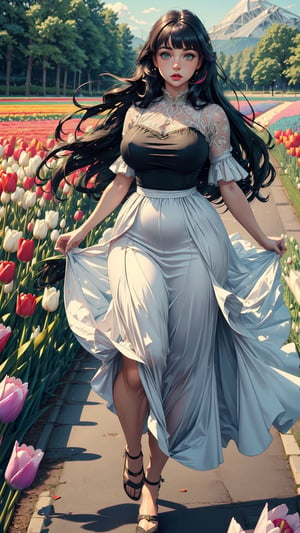 ((masterpiece)), (best quality), (cinematic), a woman in a long dress, surrounded by tulips, running, long black hair, bangs, chubby, wide hips, full body, green eyes, freckles on cheeks, wind, detailed face, detailed body, field full of tulips, (cinematic, colorful), (extremely detailed)