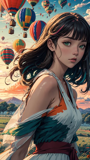 ((masterpiece)), (best quality), (cinematic), a woman in a long white dress, running through an open field, long hair, bangs, chubby, green eyes, wind, detailed face, detailed body, red sky and oranges, glow, clouds, vegetation, green plains, (hot air balloons in the background), bubbles, (cinematic, colorful), vast field, (extremely detailed), inspired by Studio Ghibli, EpicSky, cloud, sky, highly detailed, detailed face