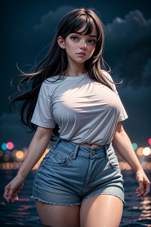 ((masterpiece)), (best quality), (cinematic), a chubby woman long t-shirt, shorts, close-up, in the water, wide hips, long black hair, bangs, chubby, light green eyes, freckles on cheeks, wind, detailed face, detailed body, dark gray sky, glow, clouds, city lights, floating bubbles (cinematic, colorful), (extremely detailed), clouds, highly detailed face