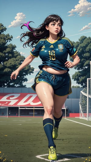 ((masterpiece)), (best quality), (cinematic), a chubby woman with an Argentina shirt, soccer shorts, running through a soccer field, long black hair, bangs, chubby, wide hips, full body, green eyes, freckles on cheeks, wind, detailed face, detailed body, floating particles, (colorful cinematic), (extremely detailed), inspired by Studio Ghibli, EpicSky, 4k, 8k, ultra hd, detailed