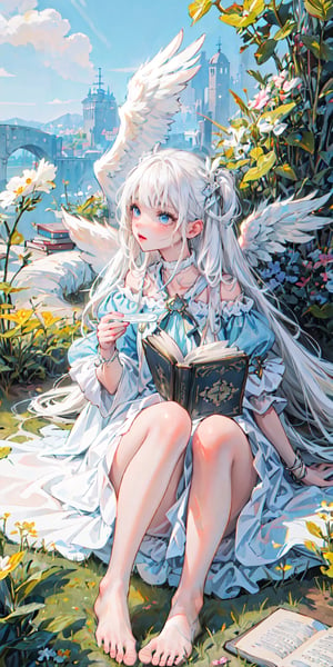 a little girl with white angel wings and white hair, flying with book in her hands, cute, realistic shine, long white dress, barefoot, super detailed image, perfect face, mix of fantasy and realism, hdr, ultra high definition, 4k , 8k