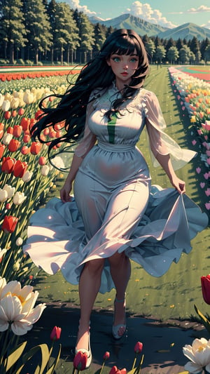 ((masterpiece)), (best quality), (cinematic), a woman in a long dress, surrounded by tulips, running, long black hair, bangs, chubby, wide hips, full body, green eyes, freckles on cheeks, wind, detailed face, detailed body, field full of tulips, (cinematic, colorful), (extremely detailed)