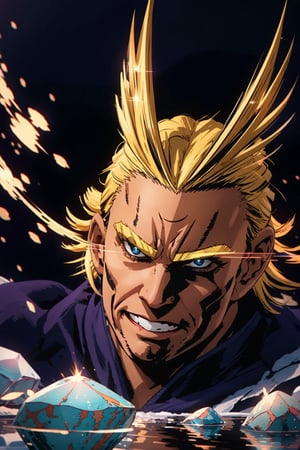 imagine All Might in real life, ultra hd, detailed body, detailed face, detailed eyes, background with lights and floating stones, sparkles, fire, ice, hdr, allmight