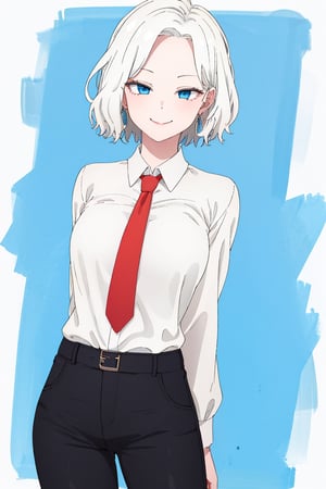 masterpiece, solo, best quality, straight-on, short hair, mature_female, 1girl, medium_breasts, white-hair, blue_eyes, white_background,, collared_shirt, waist-high pants, black pants, arms behind back, red necktie,smirk, ,ferris olston, full_body, high_heels