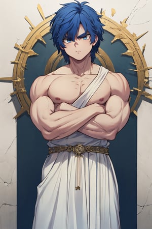 masterpiece, solo, best quality, straight-on, short hair, mature male, 1boy,  blue-hair, muscular, white_background, dark skin ,ancient greek clothes, gold arm_band, serious, light_blue_eyes, crossed arms, stubble 