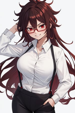 white_background, masterpiece, tall, solo, best quality, straight-on, long hair, mature female, 1girl, brown-hair, red eyes, messy hair, white shirt, one hand in pocket, smug , large breasts,

Red sunglasses , collared shirt, black pants, smiling, suspenders, 

,round_eyewear,