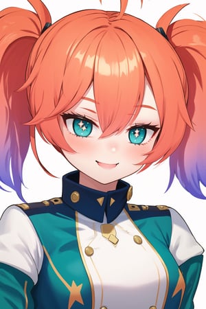 masterpiece, solo, best quality, straight-on, long hair, older_female, 1girl, orange-hair, rainbow hair, gradient_hair, twin_tails, teal_eyes, white_background, smiling, medium_breasts, military uniform,momoka,star-shaped pupils,ojou-sama pose