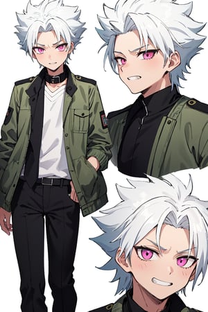 masterpiece, best quality, highres, black pants , straight-on, mature_male, 1boy, white_background, solo, short hair, white_hair , pink_eyes ,military jacket,open collar , brown_skin, spiked_hair, grin,,horibe_itona,hitsugaya_toushirou